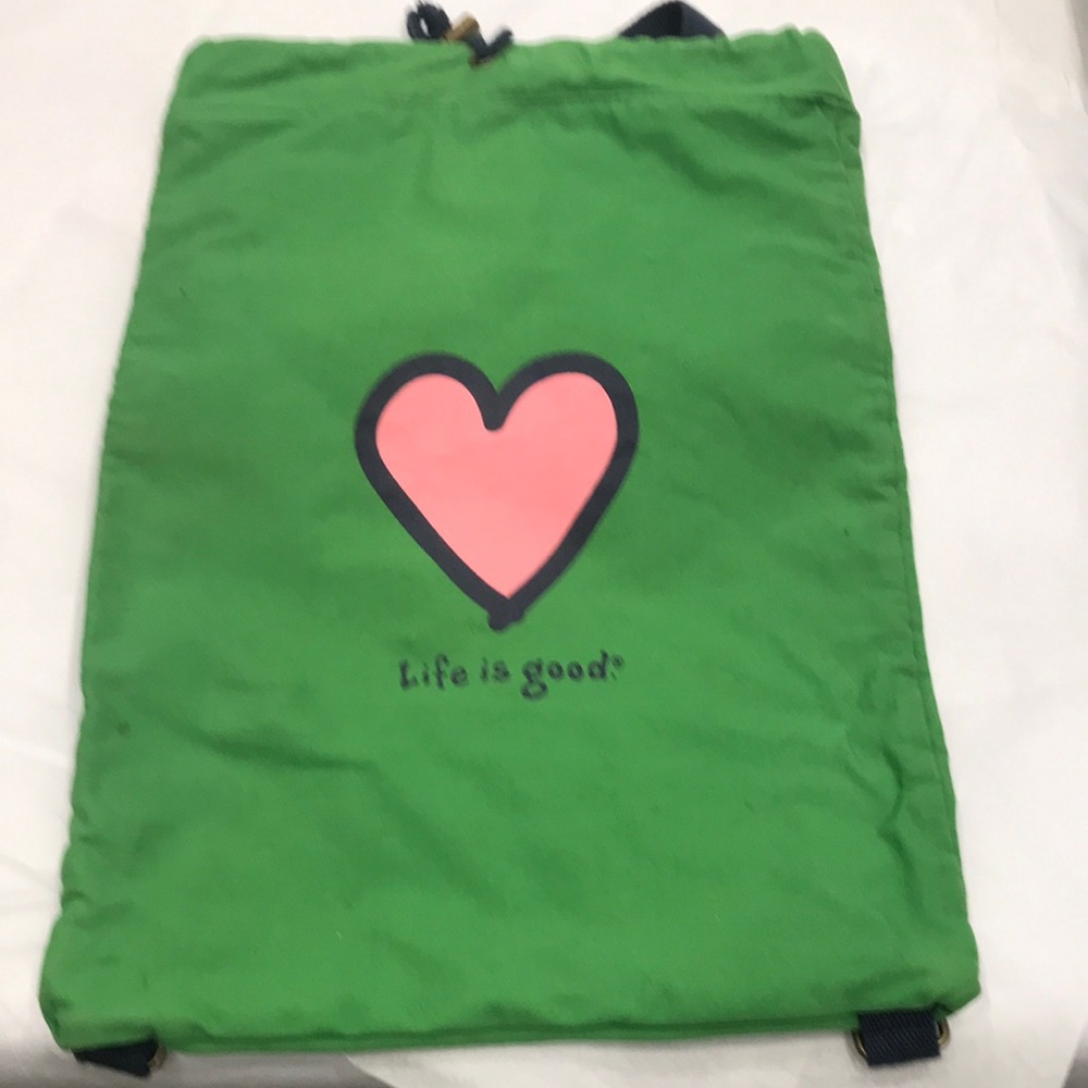 BACKPACK “ life is good “. ZIPPER ON BACK FOR SECURITY & a cinch cord at the top - Picture 2 of 5